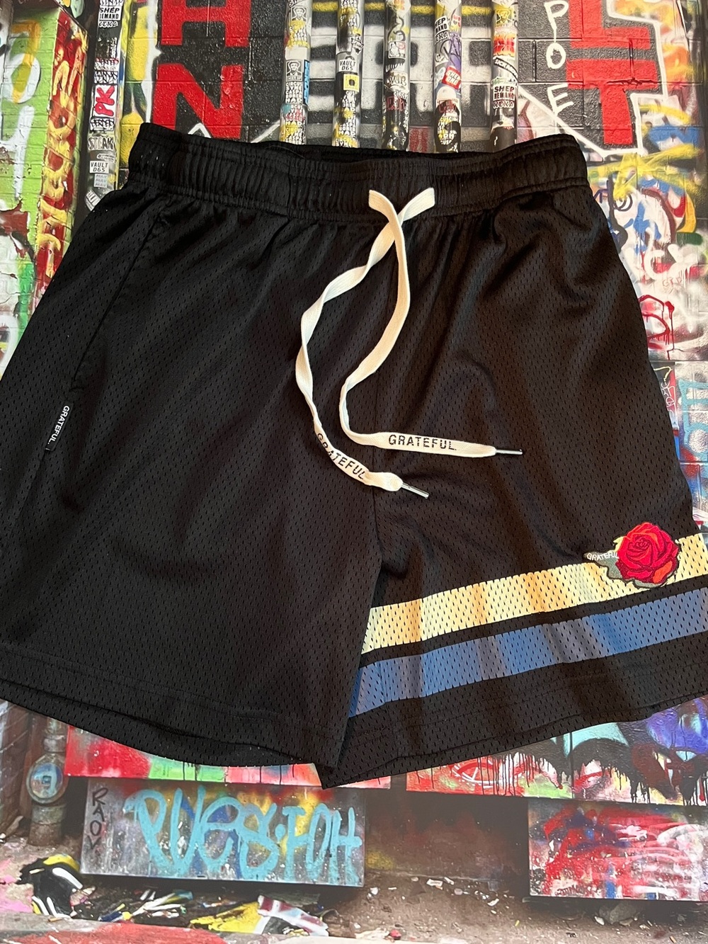 Grateful Black Mesh Athletic Shorts with Rose Detail